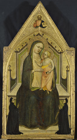 Anonimo — Ventura di Moro (Pseudo Ambrogio di Baldese) - sec. XV - Madonna con Bambino in trono e donatori — particolare, scomparto centrale